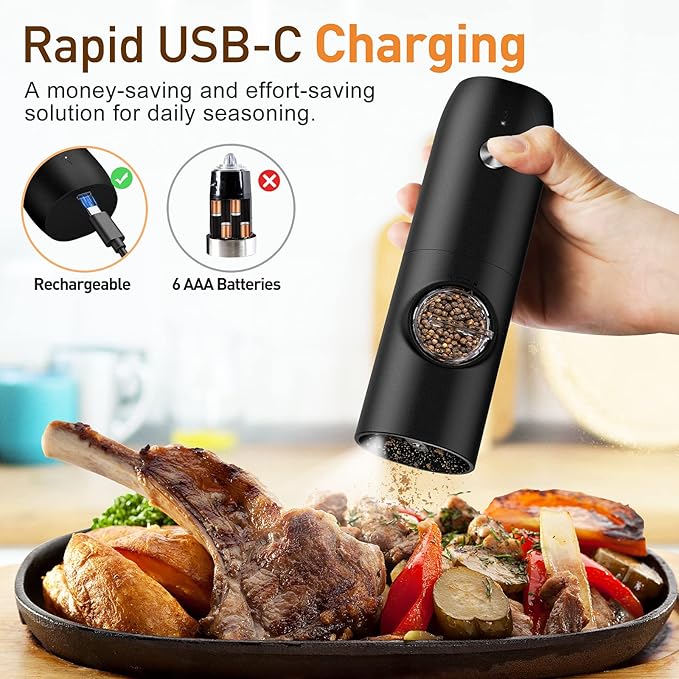 Electric Salt and Pepper Grinder Set-Rechargeable Automatic Pepper Mill Grinder with LED Home Gifts for Women, USB Adjustable Coarseness shakers, One-Hand Operation for Kitchen Appliances