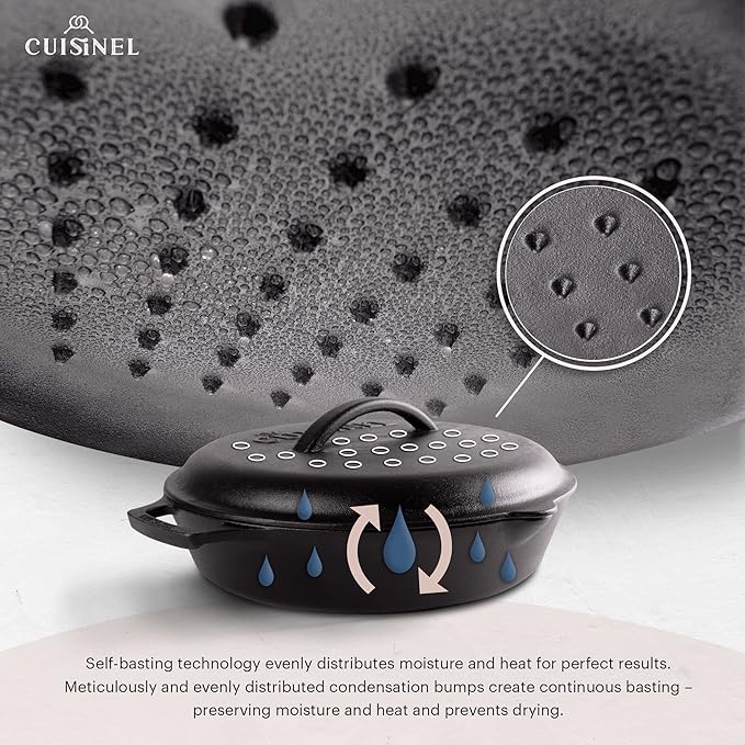 Cuisinel Cast Iron Skillet + Cast Iron Lid Set - 10+12"-Inch Dual Handle Frying Pans + Pan Scraper + Silicone Handle Covers - Preseasoned Indoor/Outdoor, Grill, Stovetop, Induction, Oven Cookware