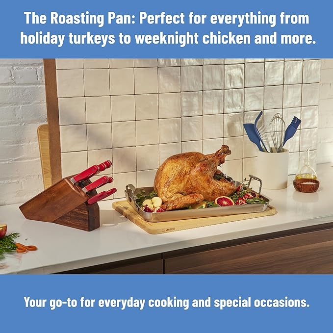 Misen Stainless Steel Roasting Pan with Handles - Versatile 5-Ply Design, Easy Grip Handles, Multi-Functional Cooking, Ideal for Baking, Searing, & Roasting, Superior Heat Conduction, Premium - 13"