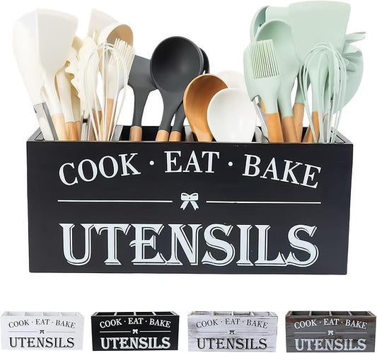 Utensil Holder,Extra Large Wooden Utensil Holder For Kitchen Counter,Cooking Spatula Organizer,Big Storage Caddy With 4 Compartments Flatware Spoon Tool Cutlery (Black)