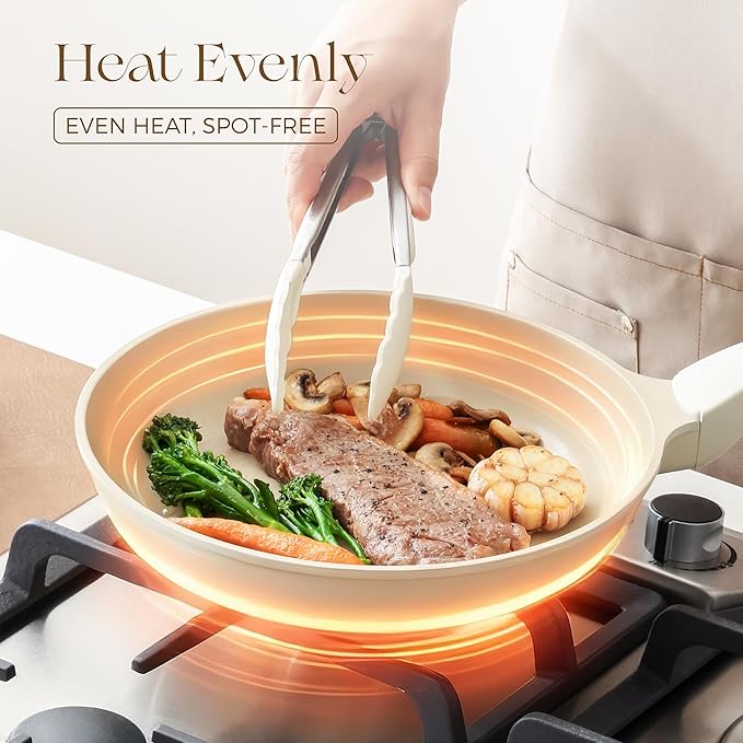 PRICUSIS 5Pcs Nonstick Ceramic Frying Pan Set, 8+10+12 Inch Induction Compatible with Stay Cool Handle, Fully Coated, 100% Dishwasher Safe, Healthy PTFE PFAS & PFOA Free Omelet Pans (Coconut White)