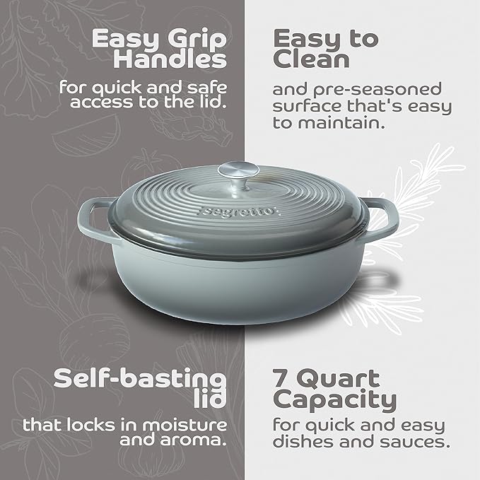 Segretto Cookware Enameled Oval Cast Iron Dutch Oven with Handle 7-Quarts Grigio Scuro (Gray) 7 qt Oven Safe Dutch Oven Pot With Lid Enamel cast Iron Pot Cookware for Bread Baking