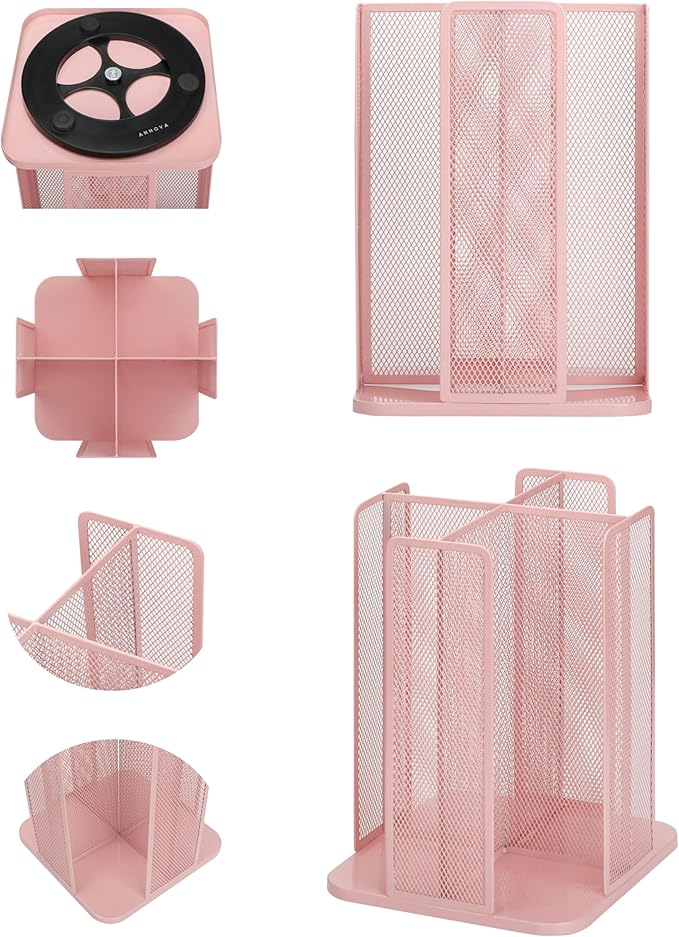 Annova Paper/Plastic Cup and Lid Holder Plastic Storage Organizer, 360°Rotating Coffee Mup Dispenser with 4 Compartments, Multifunctional Storage Rack for Home, Office, Bar, Coffee Shop (Light PInk)
