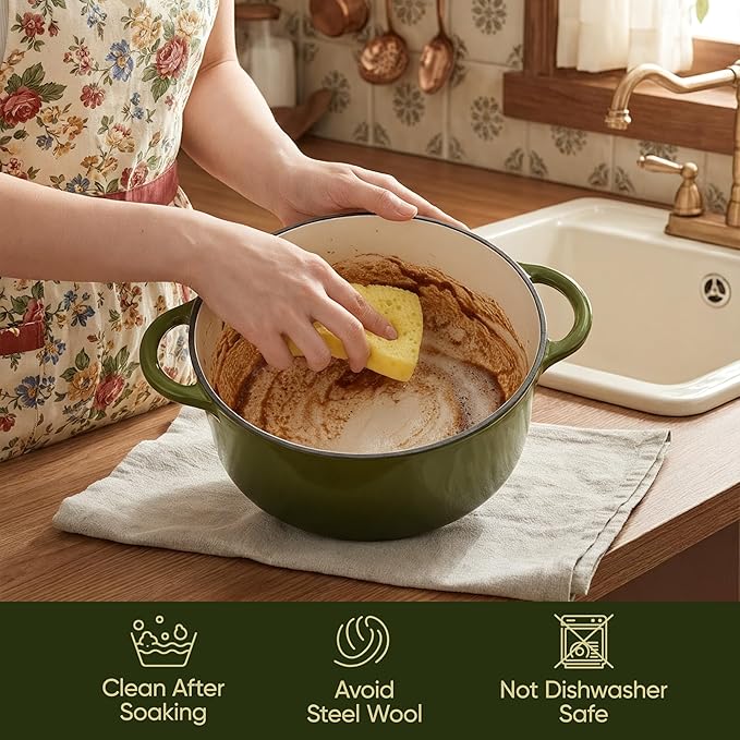 4.5 Quart Dutch Oven Pot with Lid, Non Stick Enameled Cast Iron Dutch Oven for Bread Baking, Heavy-Duty, Oven Safe Ceramic Cookware Up to 500°F for Baking, Braising, Stews, Roasting, Golden Green