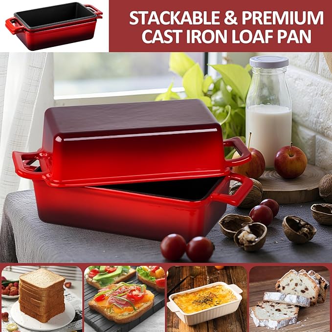 Leonyo 9x5 inch Enameled Cast Iron Loaf Pan, 2 Piece Homemade Sourdough Bread Loaf Pan with Lid, 2-in-1 Dutch Oven for Bread Baking, Pound Cake, Even Heat Distribution & Up to 500℉, Red