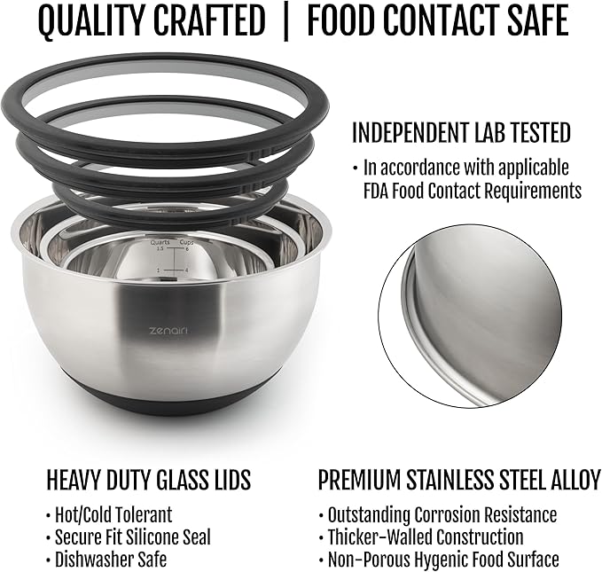 Premium Quality/Heavier Gauge Metal Mixing Bowls Stainless Steel Mixing Bowls with Lids Set 3-Piece Dishwasher-Safe Clear Glass Lids, No Plastics