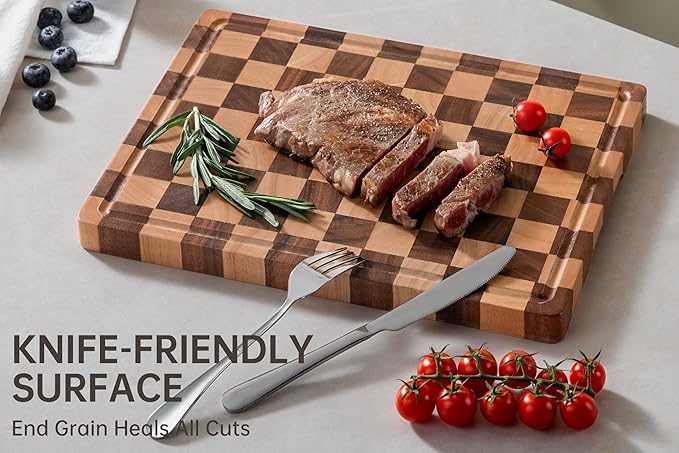 End Grain Cutting Boards for Kitchen, Wooden Cutting board, Acacia Wood Chopping Board with Juice Groove & Handle, Butcher Block for Meat, Bread & Fruit, 14"L x 11"W x 0.8"Th
