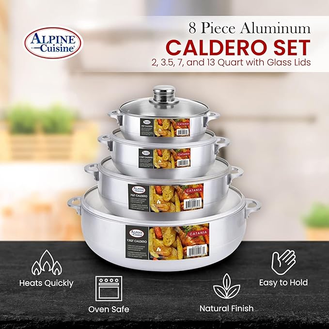 Alpine Cuisine Premium 8-Piece Nonstick Aluminum Caldero Set with Glass Lids Versatile Pots for Stews, Rice & Soups in 2,3.5,7,13 Quart Sizes