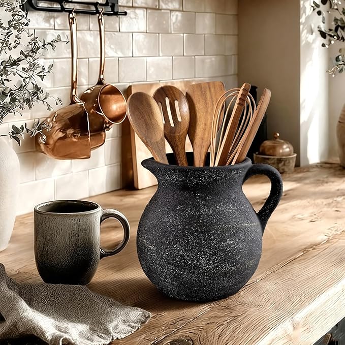 Rustic Kitchen Utensil Holder with Handle,7 Inch Ceramic Vintage Utensil Crock for Countertop, Farmhouse Kitchen Decoration Ceramic Pot for Spatulas Spoons Tongs(Classic,Antique Black Gold)