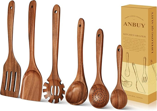 ANBUY 6 Pcs Wooden Kitchen Utensil Set, Wooden Spoons for Cooking, Heat Resistant BPA Free Wood Turner Wok Spatulas & Ladle Set, Skimmer Strainer for Spaghetti, No Scratch & No Stick for Cookware