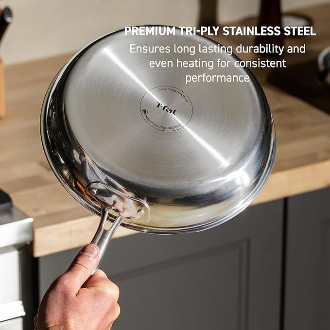 T-fal HybridMesh Tri-Ply Stainless Steel Fry Pan 8 Inch, Induction Oven Safe 500F, Metal Utensil Safe, Ideal For Searing, Cookware, Dishwasher Safe Pots and Pans, Needs Pre-Heating, Silver/Black