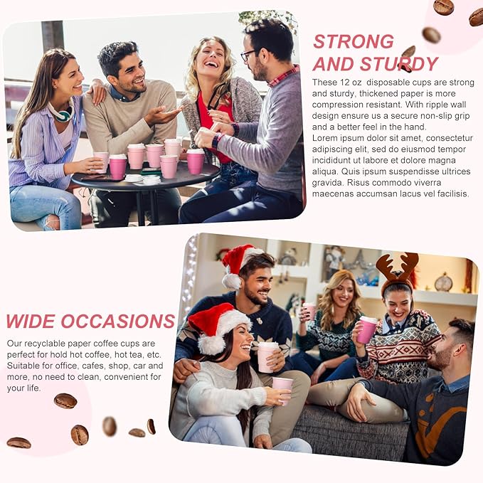 48 Pcs 12 oz Disposable Coffee Cups with Lids and Sleeves Bulk, Insulated Hot Chocolate Paper Cup for Hot and Cold Beverage Water Juice Cocoa Tea Party Restaurants Travel Supplies (Gradient Pink)