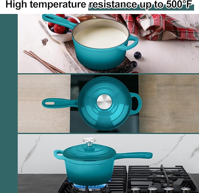 1 Qt & 2 Qt Sauce Pan Sets, Leonyo Enameled Cast Iron Sauce Pan with Lid, Small Saucepan Cast Iron Dutch Oven Kitchen Cookware for All Cooktops Cooking Pasta, Milk, Oatmeal - Up to 500°F, Lake Green