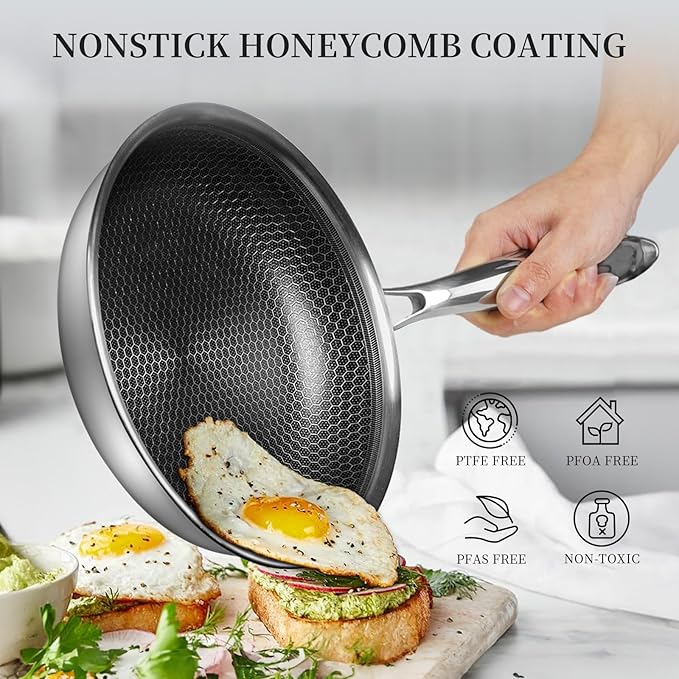 Innerwell 6 Piece Stainless Steel Frying Pan Set with Lids Cookware Set Nonstick Honeycomb Frying Pan Set 3pcs W/Stay Cool Handle Skillet Works Pan for Cooking with Induction Gas Stovetops