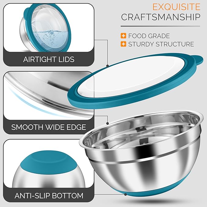 HaWare Mixing Bowls, 24-Piece Stainless Steel Salad Serving Bowl with Airtight Clear Lids, Metal Nesting Bowl For Kitchen Cooking Prepping Storing with 3 Graters, 4.6/2.6/1.5/1/0.7 QT, Teal Blue