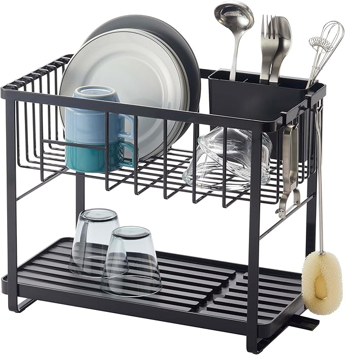 YAMAZAKI Home Tower Two-Tier Adjustable Dish Drainer Rack, Compact Drying Rack with Hooks, Utensils Holder - Steel -