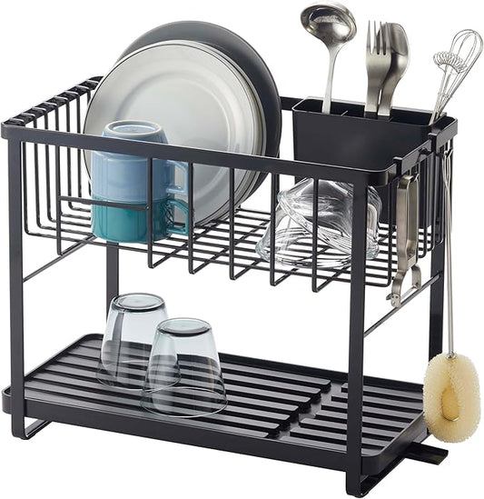 YAMAZAKI Home Tower Two-Tier Adjustable Dish Drainer Rack, Compact Drying Rack with Hooks, Utensils Holder - Steel -