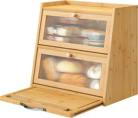 Large Bread Box for Kitchen Counter With Cutting Board, 2-Tier Bread Box, Bamboo Wood Large Capacity Bread Storage Bin with Acrylic Wavy Door Panel