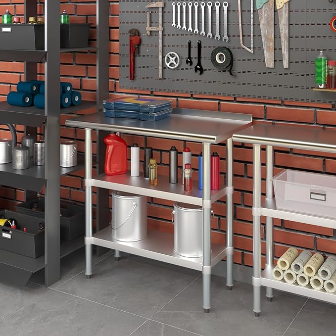 AmGood Stainless Steel Work Table with 1.5" Backsplash and 2 Shelves | Metal Kitchen Food Prep Table | NSF (36" Long x 18" Deep)