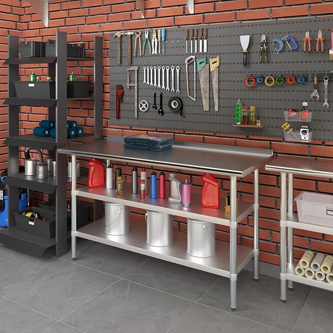 AmGood Stainless Steel Work Table with 1.5" Backsplash and 2 Shelves | NSF (60" Long x 24" Deep)