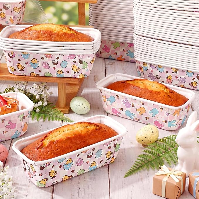 Honeydak 100 Sets Easter Paper Baking Pans Bulk Paper Loaf Pans for Baking 6.3 x 2.2 x 2.2 in Spring Disposable Serving Tray Bunny Chick Egg Patterns Party Supplies (Easter)