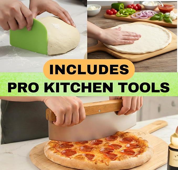 Large Pizza Stone for Oven 20 inch - Pizza Making Kit - Rectangular Pizza Stone for Grill and Wooden Pizza Peel, Dough Tool & Pizza Cutter Set - Baking Stone 20" x 13.5"