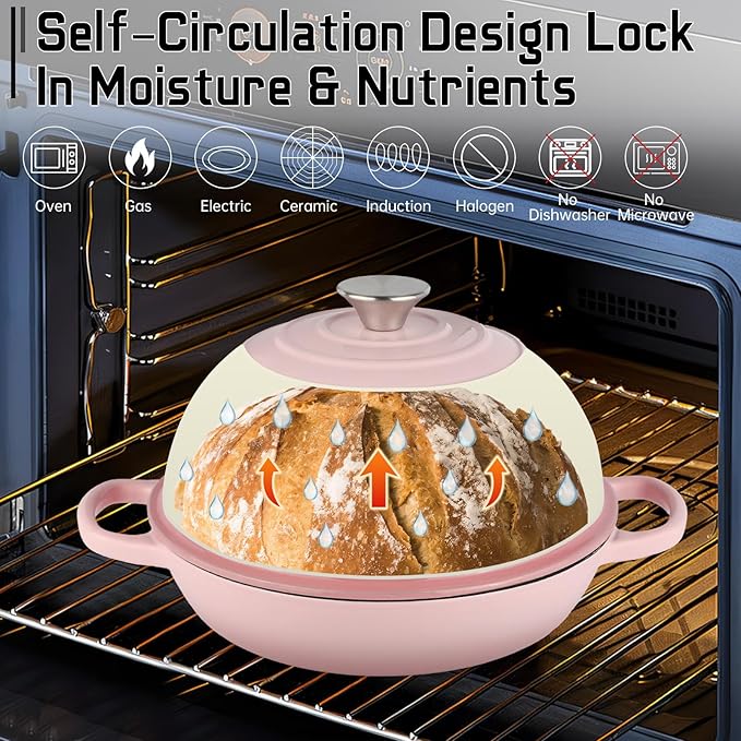 Enameled Cast Iron Bread Oven, Dutch Oven Pot with Lid & Cotton Potholder, 10" Bread Dutch Oven for Bread Baking, 6 Quarts Bread Pan with Dome Lid, Non-stick Cookware for Homemade Bread, Pink