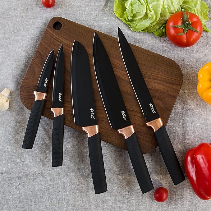 elabo Kitchen Knife Set - 16 Pcs Knife Set with Acrylic Block and Sharpener, Stainless Steel Knives Set for Kitchen Includes Sharp Knives, 6 Serrated Steak Knives, Dishwasher Safe(Rose Gold)