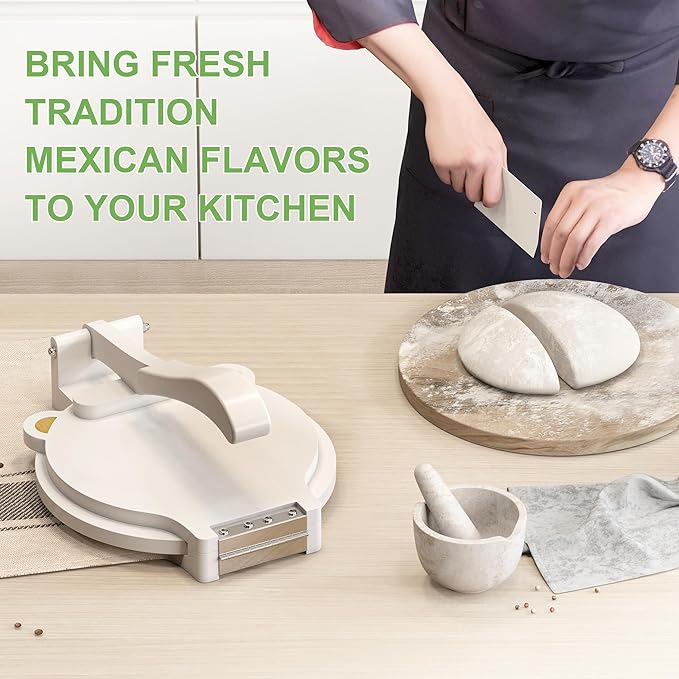 Tortilla Press 10 Inch - Bamboo Quesadilla & Roti Maker with Parchment Paper Sheets & Dough Cutter for Homemade Flour Corn Tortilla, Wood Tortillera Pataconera Tortilla Maker for Home Baking
