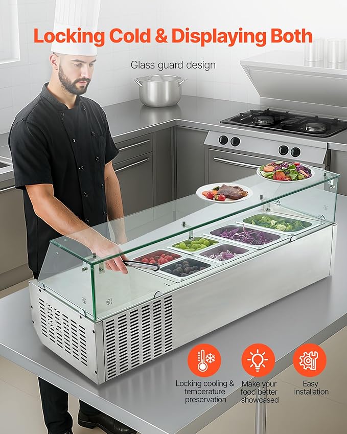 VEVOR Refrigerated Condiment Prep Station, 130 W Countertop Refrigerated Condiment Station, with Two 1/3 Pans & Four 1/6 Pans, 304 Stainless Body and PC Lid, Sandwich Prep Table with Glass Guard