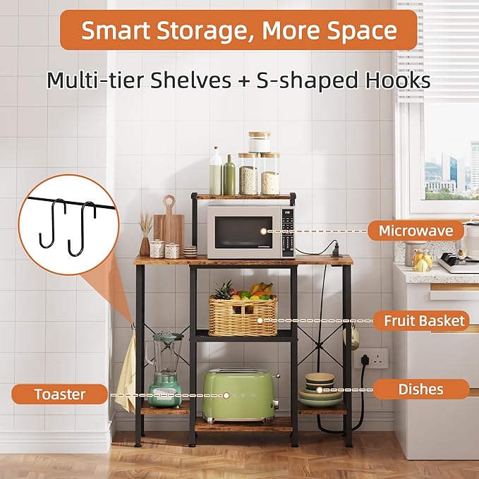 Bakers Rack with Power Outlet, Coffee Bar with 4 Hooks, 6 Tiers Microwave Stand with Storage, Freestanding Kitchen Appliance Organizer for Spices, Pots, Rustic Brown, 32" W