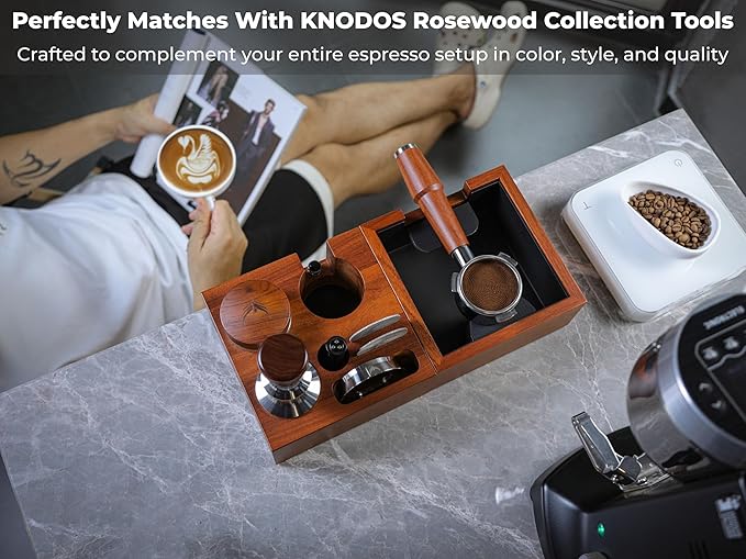 Espresso Accessories Organizer Box 58mm Espresso Tamping Station Rosewood Espresso Tools Stand for Tamper, Portafilter, Distributor, Funnel, WDT and Filter Basket