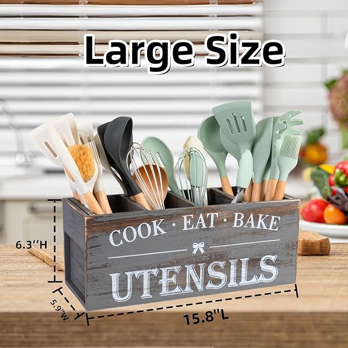 Utensil Holder,Extra Large Wooden Utensil Holder For Kitchen Counter,Cooking Spatula Organizer,Big Storage Caddy With 4 Compartments Flatware Spoon Tool Cutlery（Light Grey）