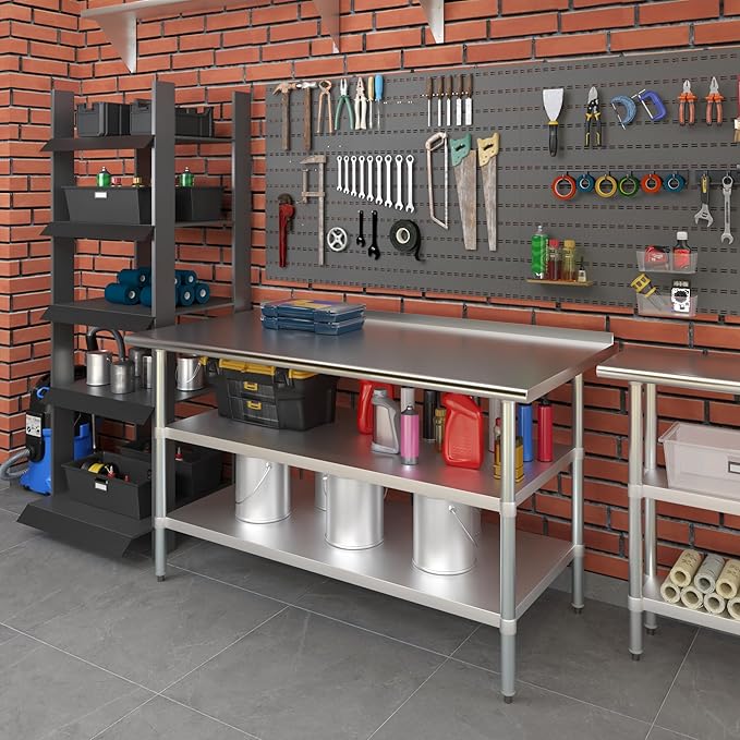 AmGood Stainless Steel Work Table with 1.5" Backsplash and 2 Shelves | Metal Kitchen Food Prep Table | NSF (60" Long x 30" Deep)