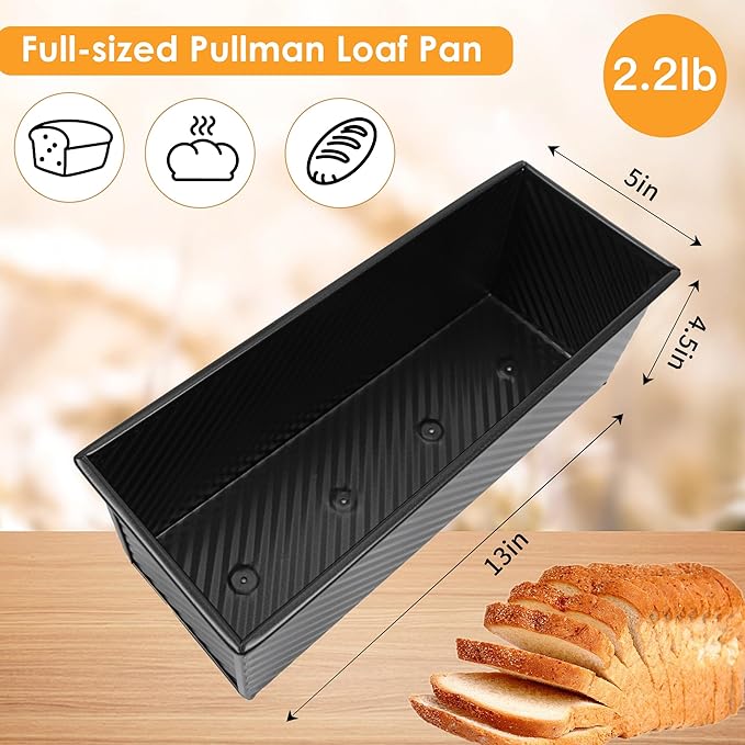 2-Pack Black 13inch Pullman Loaf Pan with Lid, Premium Non-Stick Coating Bread Pan, PFTE and PFOA-Free, Safe and Healthy Baking for Homemade Bread with Family-sized