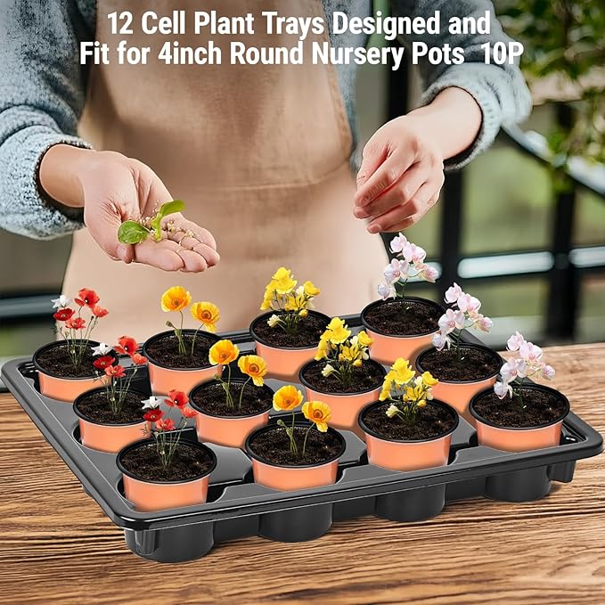 Sckee 12 Cell Round Nursery Pots Trays,Flower Pot Moving Tray, Nursery Pot Tray Plastic Planting Pot Carrying Trays for Moving Nursery Pot (17.2"×13.2"×2.5", 10PCS for 4'' Pots)