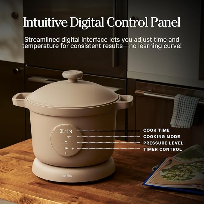 Our Place Dream Cooker | 6 Qt Ceramic Nonstick Multicooker & Pressure Cooker with Touchscreen Controls & Auto Steam Release | 4 Modes: Pressure Cook, Sauté/Sear, Slow Cook & Warm | Blue Salt