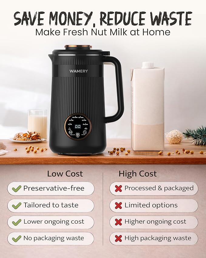 Wamery 32oz Nut Milk Maker Machine (Black) - Soy Milk Maker for Almond & Oat, Automatic Heated Programs, Self‑Cleaning, Delay Start, Keep Warm & Boil Water, 1‑Liter Capacity with Starter Accessories