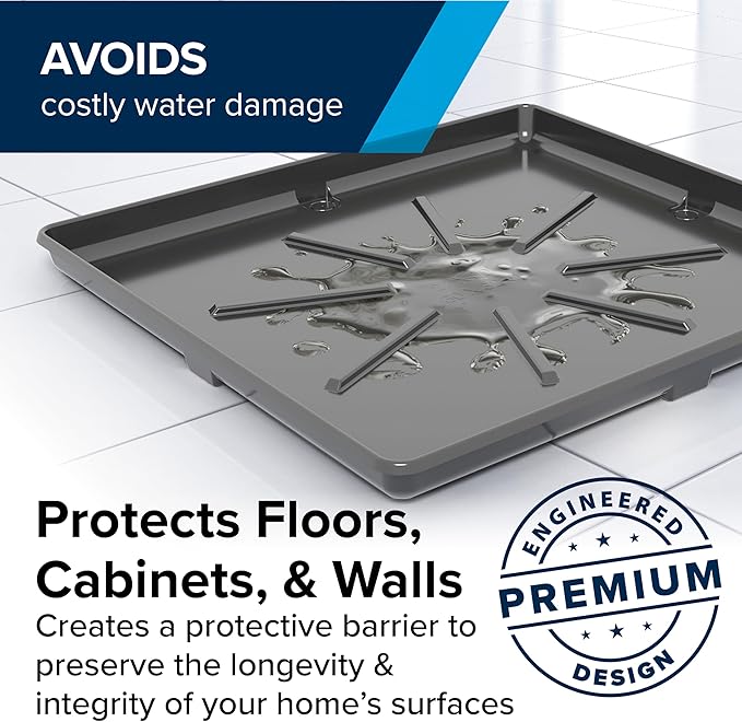 Camco Low Profile Washing Machine Drain Pan with PVC Fitting, 29 inch x 33 inch ID and 31 inch x 35 inch OD - Protects Your Floors from Washing Machine Leaks - Easy to Use - Pewter - 20788