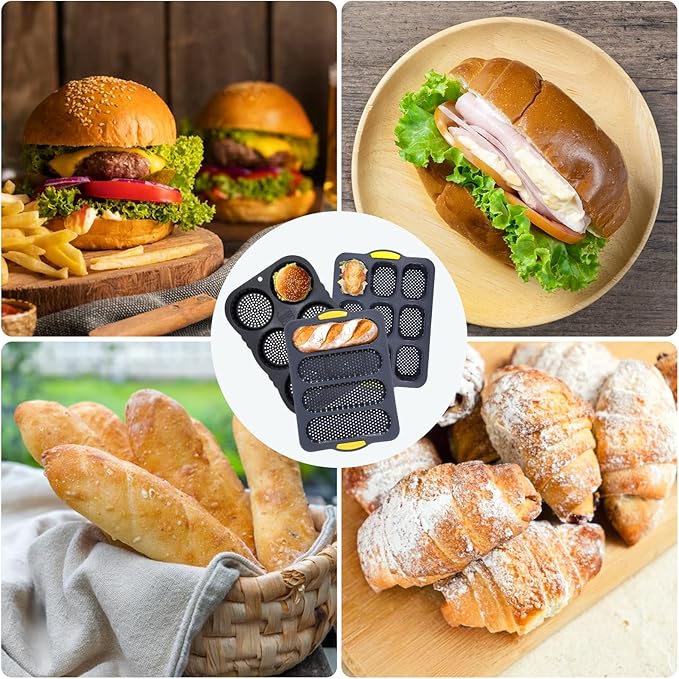 Set of 5 Silicone Hamburger Bun Mold, 4/6/9 Cup Silicone Hotdog Bun Pan with Spatula Brush, Mini Baguette Pans Bread Baking Pan for Homemade Hamburger Buns