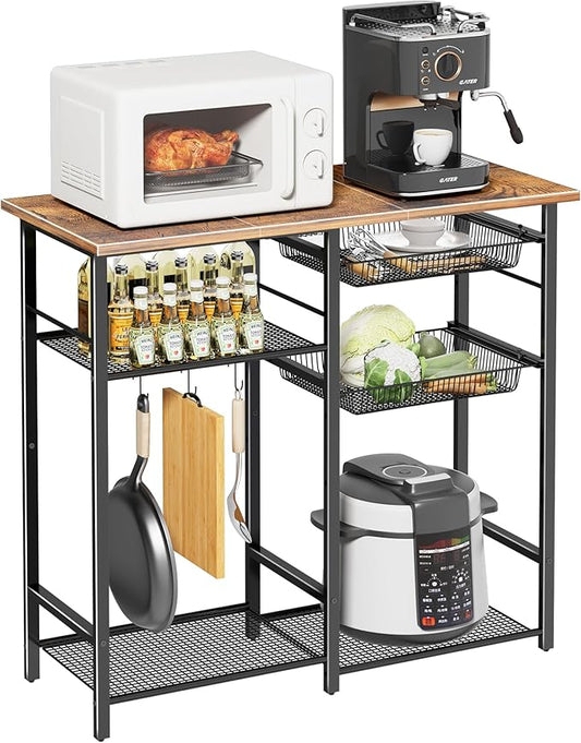 Kitchen Bakers Rack,Microwave Stand with Storge 3-Tier,Coffee Bar Station,6 S-Shaped Hook,Kitchen Storage Shelf,33.7D x 14.9W x 29.9H Inches,Rustic Brown