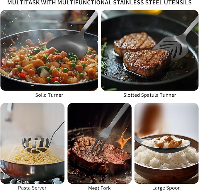 304 Stainless Steel Kitchen Utensil Set - 9pcs Cooking Utensils, Metal Kitchen Utensil Spatula Sets Cookware,High temperature resistance Kitchen Tool Set for Hanging Dishwasher Safe（Black）