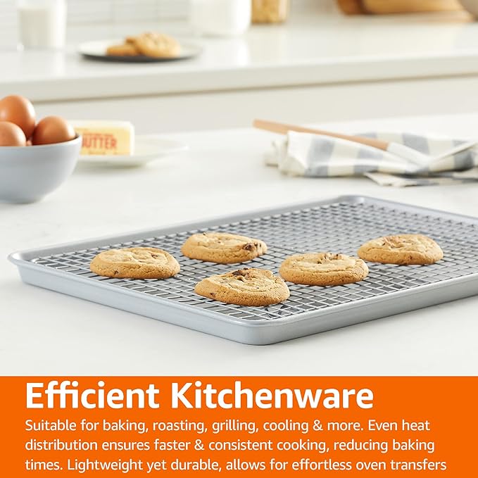 Amazon Basics Ceramic Nonstick Baking Sheet & Cooling Rack Set, PTFE & PFOA Free, Dishwasher Safe, Oven Safe, Half Sheet Size, Gray, 1-Pack