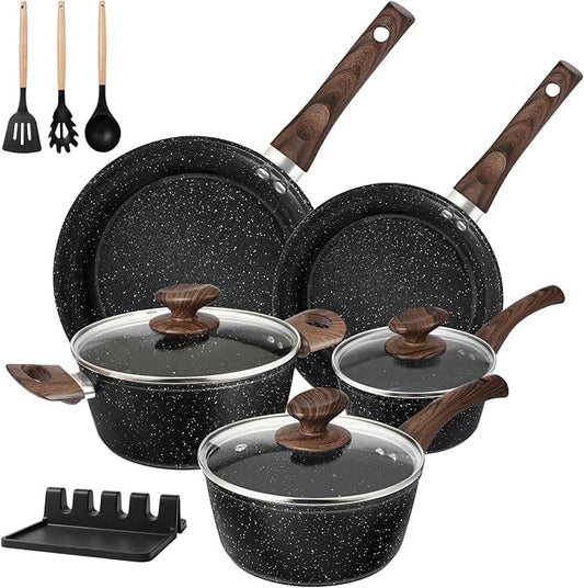 Pots and Pans Set Non Stick, 12pcs Black Ceramic Cookware Set, Non-toxic Induction Cookware Kitchen Cooking Set, PFAS and PFOA Free