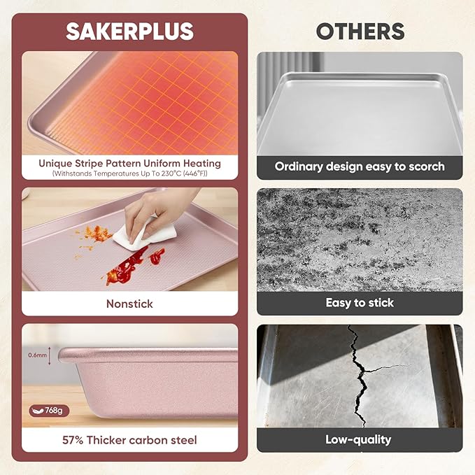 Nonstick Baking Sheet Pan Set of 3, Heavy Duty Cookie Sheets for Oven with Stripe Texture Pattern, 0.6mm Thick Quarter/Half/Jelly Roll Pans, Rust-Resistant & Easy Clean (Pink)