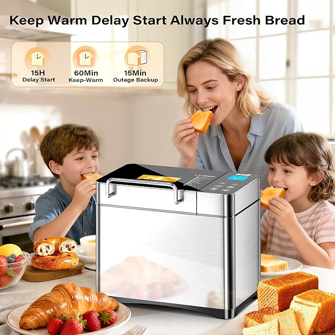 KBS Pro 710W 2LB Bread Maker, Stainless Steel 17-in-1 Smart Bread Machine with Healthy Ceramic Pan, Automatic Nut Dispenser, Tempered Glass Touch Panel, 3 Crust Colors, 15H Timer& Keep-Warm, Recipes