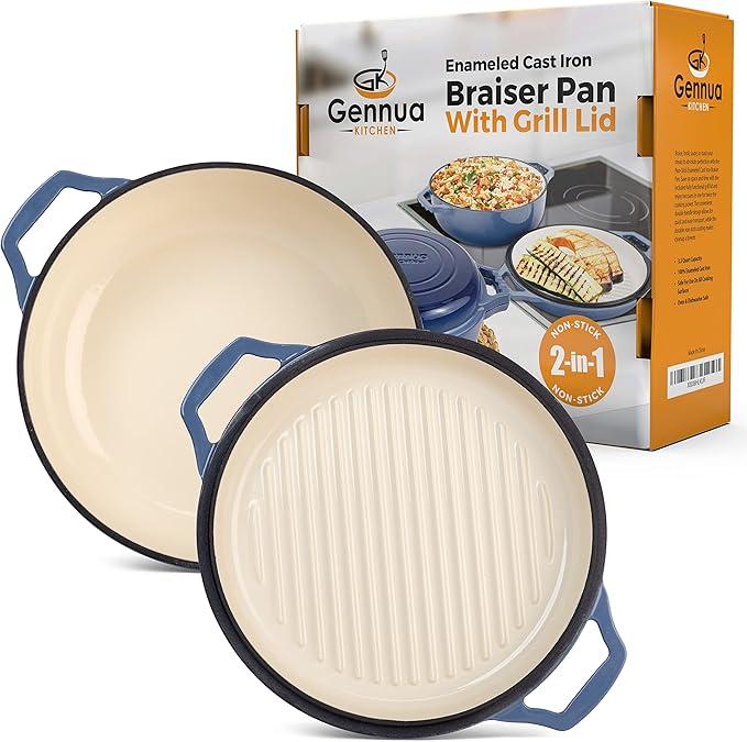 2-in-1 Enameled Cast Iron Braiser Pan with Grill Lid - 3.3-Quart Small Dutch Oven, Serves as Both Casserole & Stovetop Grill Pan, Cast Iron Cookware
