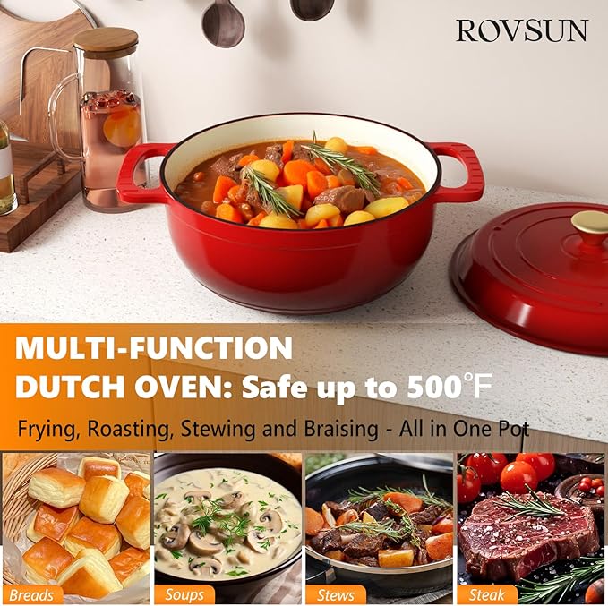 ROVSUN Enameled Cast Iron Round Dutch Oven, 7.5QT Pot with Lid &Dual Handles with Silicone Gloves,Oven Safe up to 500°F, Heavy-Duty Pre-Seasoned Cookware for Bread Baking, Braising, Stews, Roasting,Red
