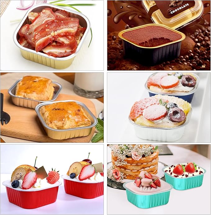 LNYZQUS 120pack/10oz Mini Cake Foil Pans with Lids, 4”x4” Large Cupcake Pan Disposable Ramekins,Small Brownie Baking Cups Square Muffin Tin Cheesecake Containers Holders-Pink