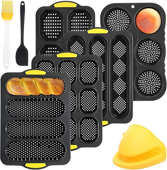 8 Pcs Silicone Baguette Hamburger Bun Baking Pan Set 4 6 9 Cup French Bun Mold 3 Cup Nonstick Baguette Bread Pan with Tool for Homemade Bread Loaf Sandwich Microwave